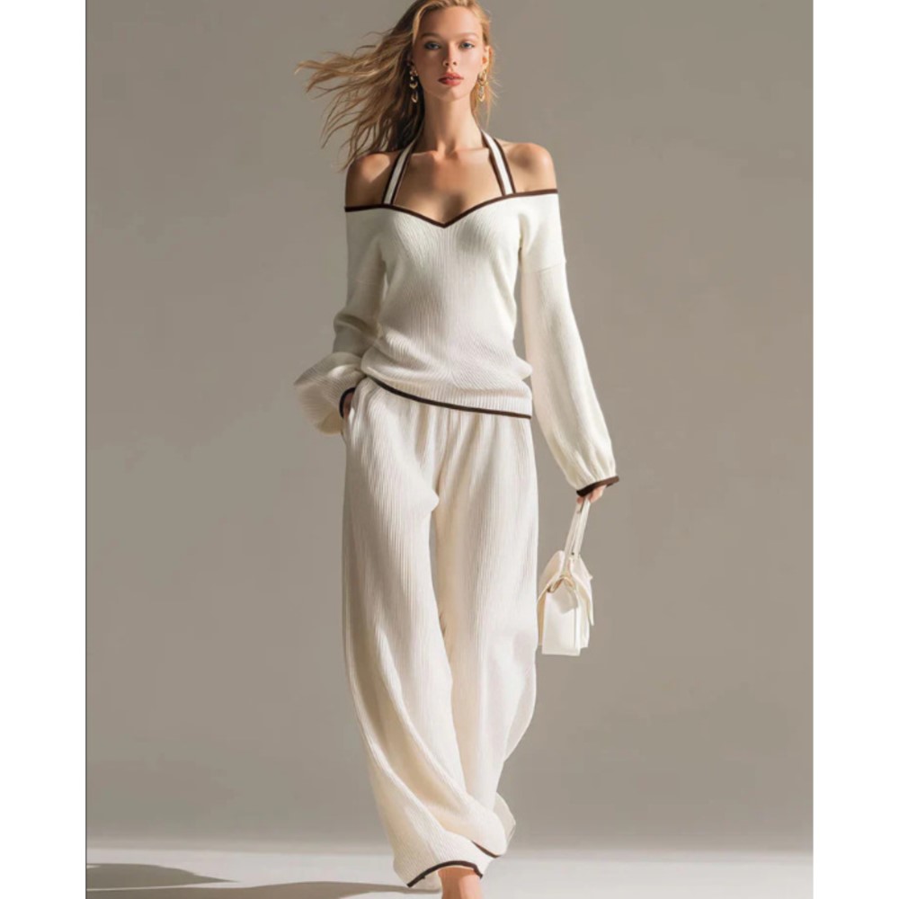 Model Kit Girl - Women Sexy Off-shoulder Long-sleeved T-shirt Trousers
